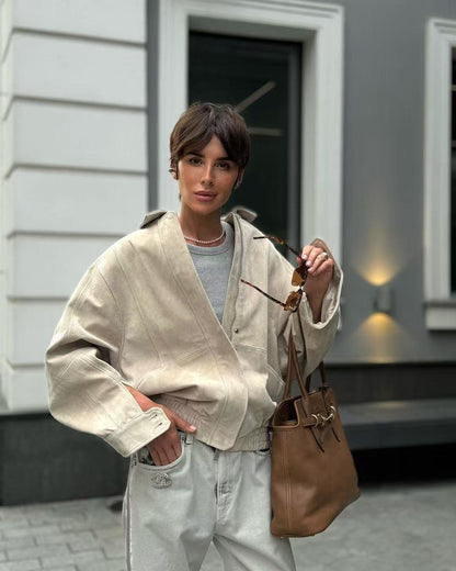 Cross-border Wholesale European and American Style2025Autumn and Winter Fashion Turn-Down Collar Suede Texture Loose Flight Jacket for Women A6