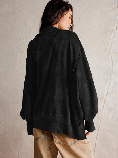 Sultyra Decorative Line Design Sense Top with Slit Lantern Sleeves polo