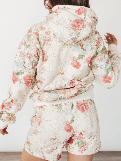 Sultyra Floral Casual Hooded Sweatshirt High Waist Comfortable Shorts Set