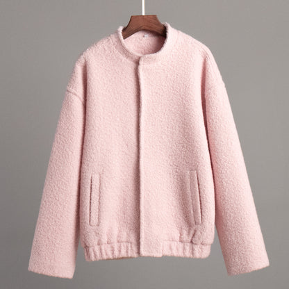 Cross-border Pink Jacket Europe and America2025Winter New Style Elegant Casual Stand Collar Drop Shoulder Short Furry Coat