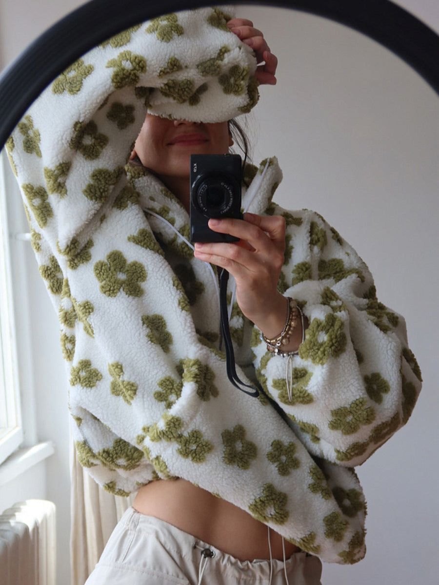 Cross-border fleece floral sweatshirt Europe and America2025Autumn and Winter New Fashion Sweatshirt Warm Fuzzy Sweatshirt Fleece Top for Women