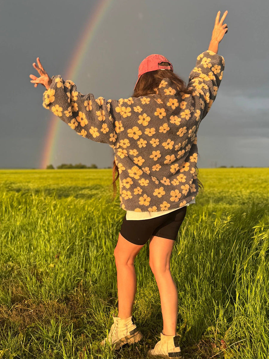 Cross-border fleece floral sweatshirt Europe and America2025Autumn and Winter New Fashion Sweatshirt Warm Fuzzy Sweatshirt Fleece Top for Women