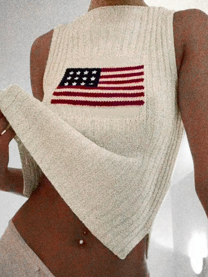 Foreign Trade Cross-Border European and American Amazon Source Manufacturer Sweater Women's Knitted Top American Independence Day Flag Vest Summer