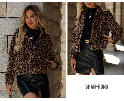 Shiny Velvet2025Cross-border Women's Clothing Amazon European and American Autumn Winter New Loose Zipper Long Sleeve Leopard Print Furry Coat