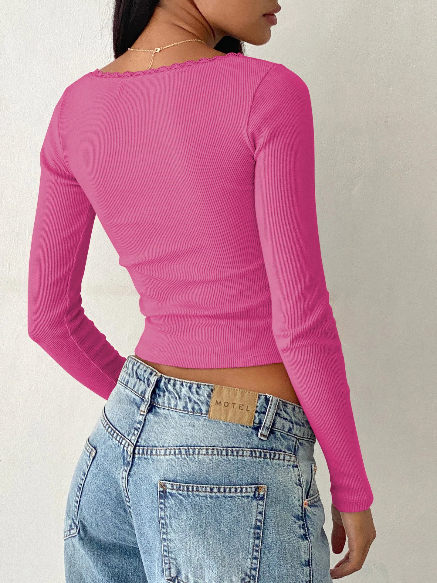 New Long Sleeve t T-shirt Women's Clothing wish Cross-border Trendy Brand Slim Fit Lace Patchwork Hot Girl Top U Collared Base Shirt