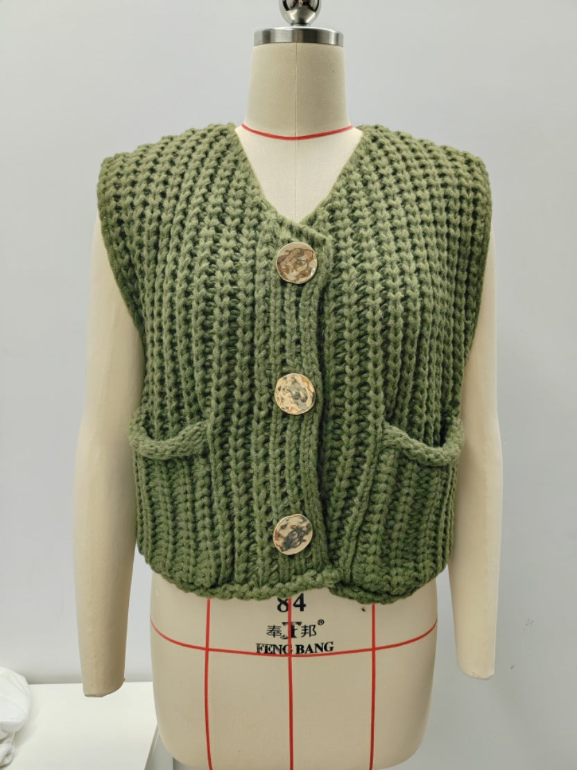 11Color Amazon2024Spring and Autumn New Women's Fashion European and American Style Pocket Sleeveless Short Knitted Cardigan Vest