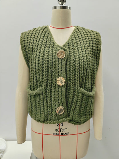 11Color Amazon2024Spring and Autumn New Women's Fashion European and American Style Pocket Sleeveless Short Knitted Cardigan Vest