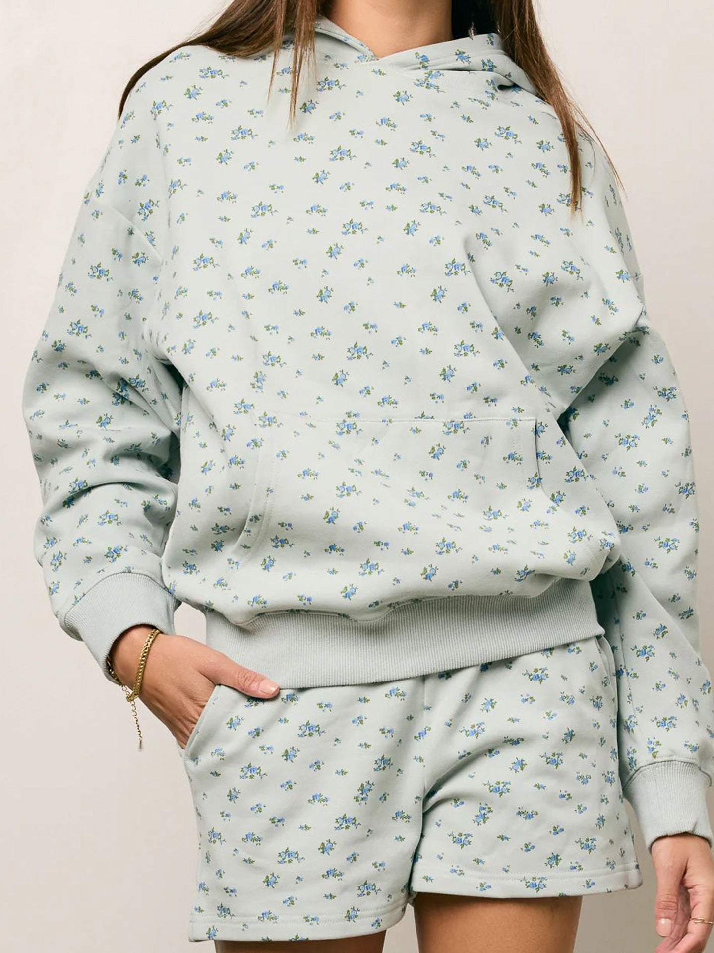 Sultyra Floral Casual Hooded Sweatshirt High Waist Comfortable Shorts Set