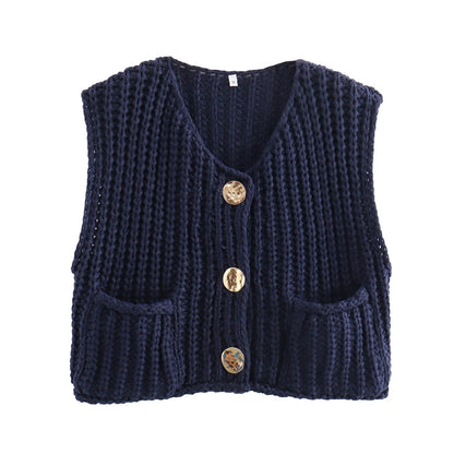 11Color Amazon2024Spring and Autumn New Women's Fashion European and American Style Pocket Sleeveless Short Knitted Cardigan Vest
