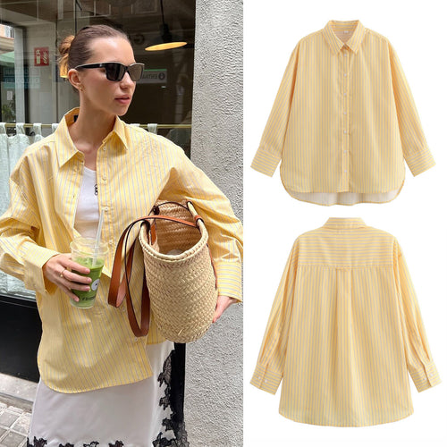 Cross-Border2024Summer ins Women's Long Sleeve Loose Striped Poplin Shirt European and American Style Streetwear A14050