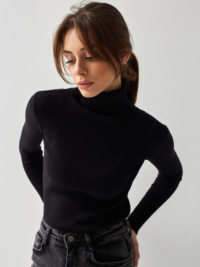 Cross-border Turtleneck Sweater Knitted Base Shirt European and American Style2025Amazon Autumn Knitted Sweater High Neck Pullover Sweater for Women