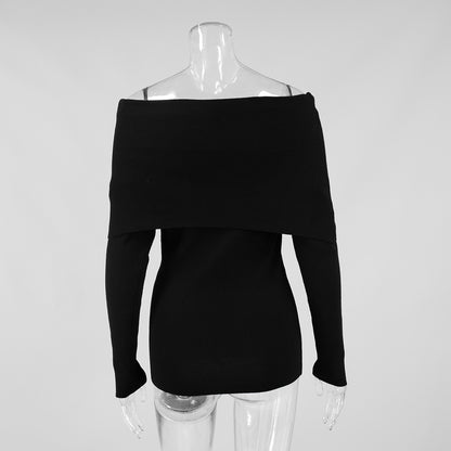 Cross-border Women's Sweater2025Autumn Winter European American Style Long Sleeve Knitted Bottoming Shirt One Shoulder Sexy Slim Off Shoulder Top
