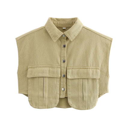 Amazon Women's Solid Color Large Pocket Sleeveless High-End Cardigan Polo Collared Shirt Denim Top A19846