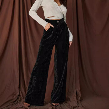 Sultyra Suede Loose Button Slimming Straight Wide-Leg Pants