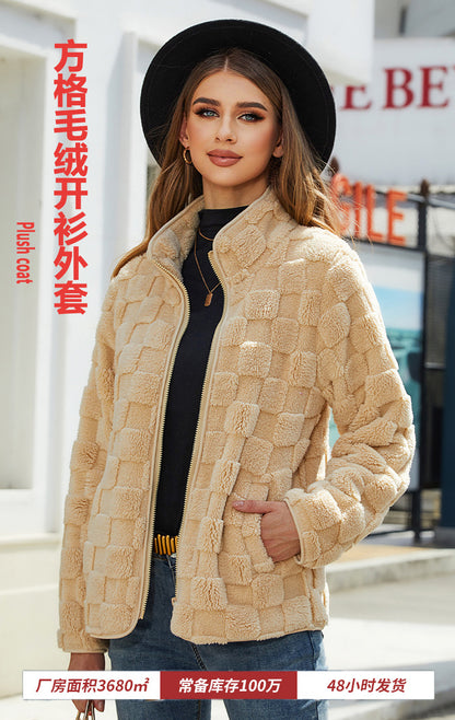 Shiny Velvet2023Autumn and Winter New Cross-Border European and American Women's Long Sleeve Cardigan Zipper Loose Solid Color Plaid Fuzzy Coat