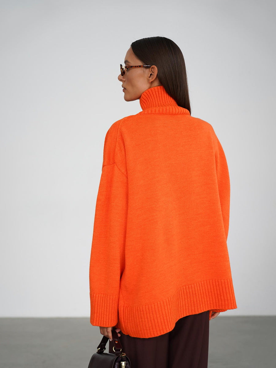 Cross-Border2025Hot-Selling European and American Style Autumn Winter Solid Color High Neck Knitted Sweater Loose Slimming Versatile Knitted Sweater for Women