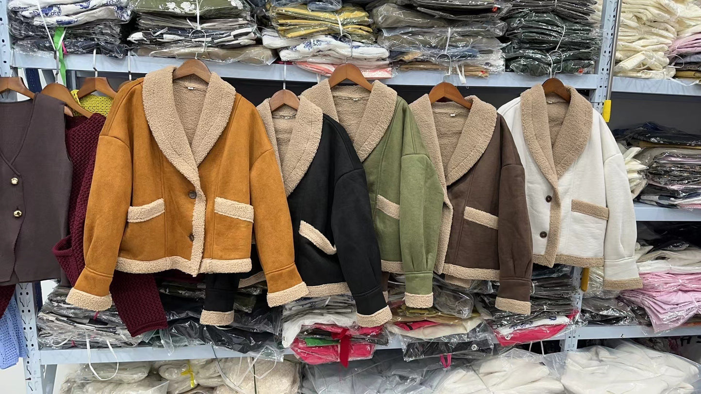 Cross-Border2024Autumn Winter Women's American Retro Woolen Coat with Turn-down Collar Loose Fur Coat for Women B88747