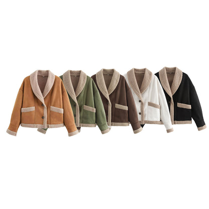 Cross-Border2024Autumn Winter Women's American Retro Woolen Coat with Turn-down Collar Loose Fur Coat for Women B88747