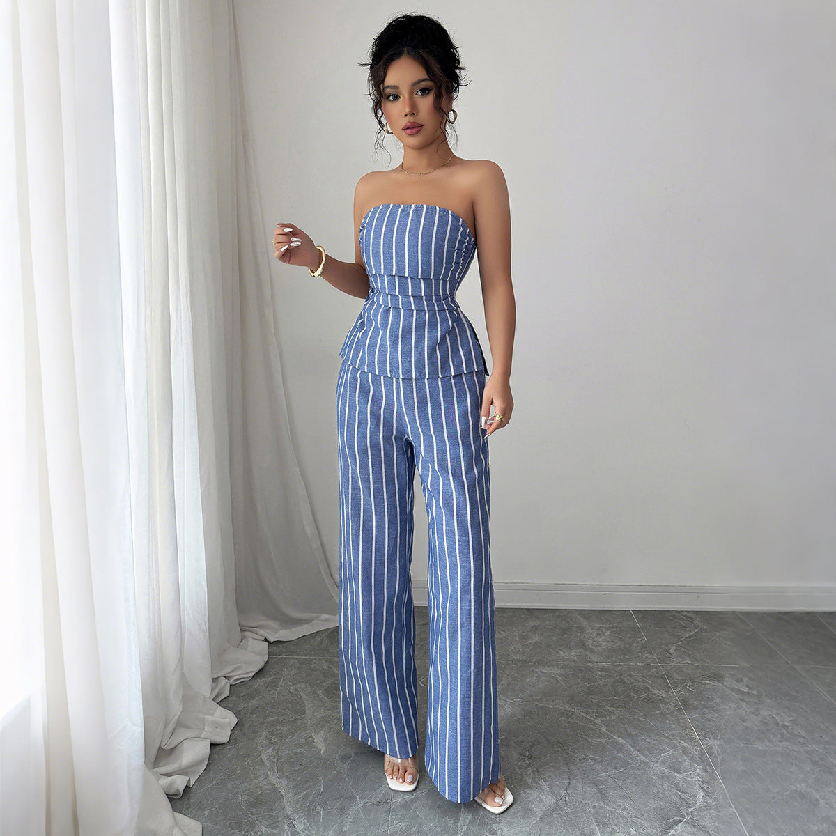 Cross-border Fashion Elegant Strapless Striped Long Pants Two-piece Set Women's Clothing2025Spring and Summer Amazon Non-Iron Comfortable