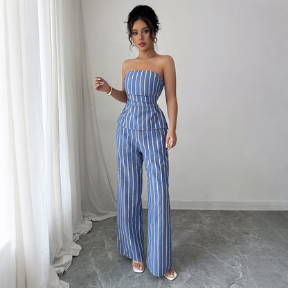 Cross-border Fashion Elegant Strapless Striped Long Pants Two-piece Set Women's Clothing2025Spring and Summer Amazon Non-Iron Comfortable