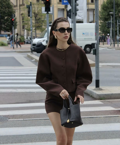 Women's Clothing2025Autumn Balloon Fit Round Neck Short Jacket+Mini Skirt Two Piece Suit B4