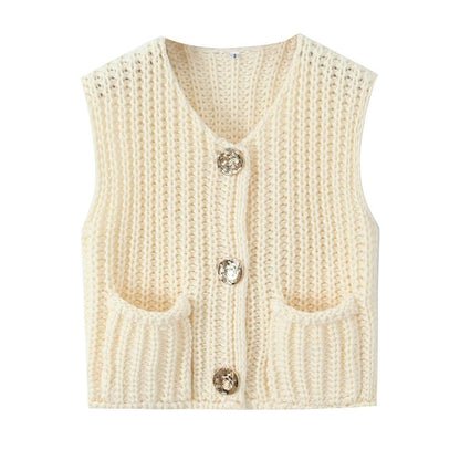 11Color Amazon2024Spring and Autumn New Women's Fashion European and American Style Pocket Sleeveless Short Knitted Cardigan Vest