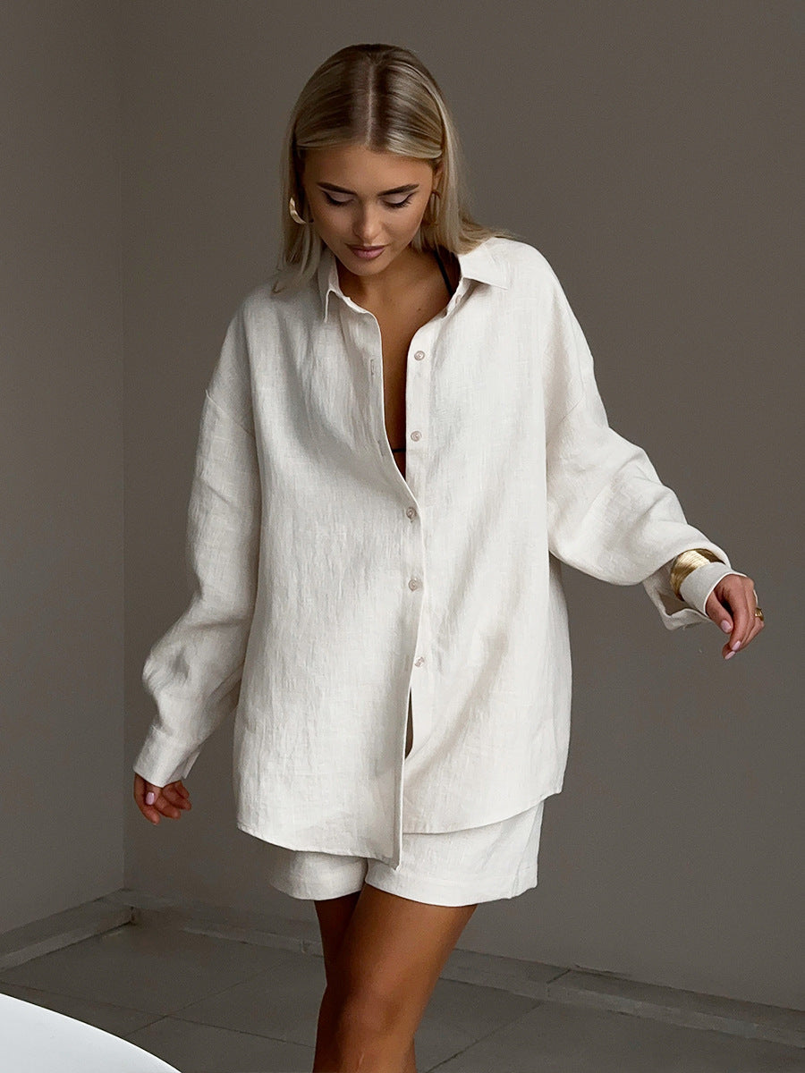 Cross-border pure cotton cardigan long sleeve shorts set2025Spring and summer outerwear simple solid color European and American style casual suit for women