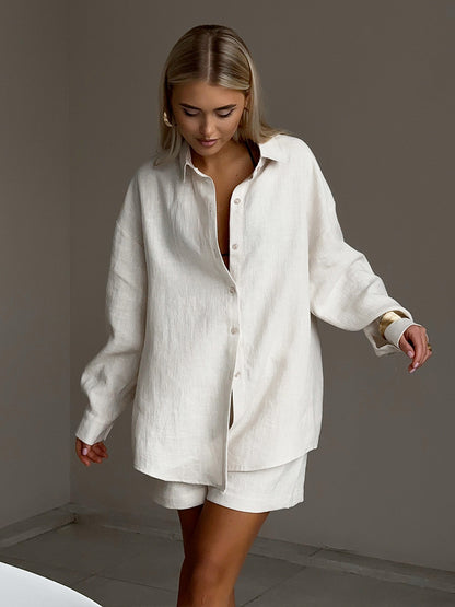 Cross-border pure cotton cardigan long sleeve shorts set2025Spring and summer outerwear simple solid color European and American style casual suit for women