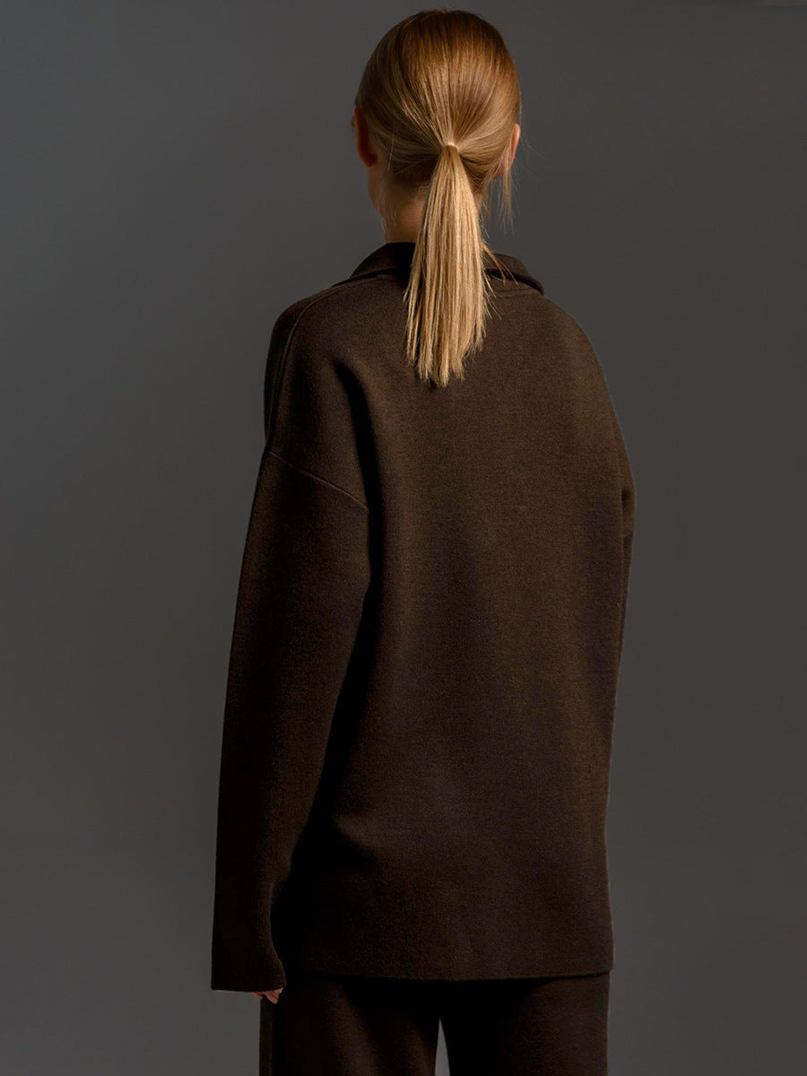 Sultyra Sweater Suit Polo Knitted Pullover Sweater+Wide-leg Pants Two-piece Set