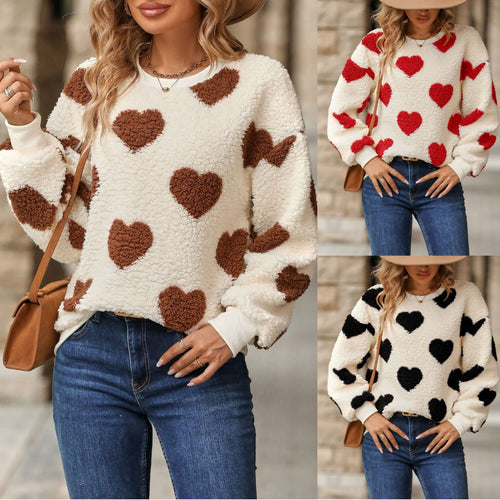 Shiny Velvet2023Cross-border Women's Fashion European and American Style Autumn Winter New Plush Heart Print Loose Long Sleeve Round Neck Pullover Sweatshirt