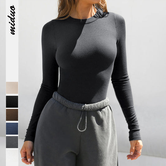 2025New Y2K Threaded Crew Neck Long Sleeve Shirt T Women's T-Shirt Base Layer Slim Fit Off-Shoulder Hot Girl Top Pure Desire
