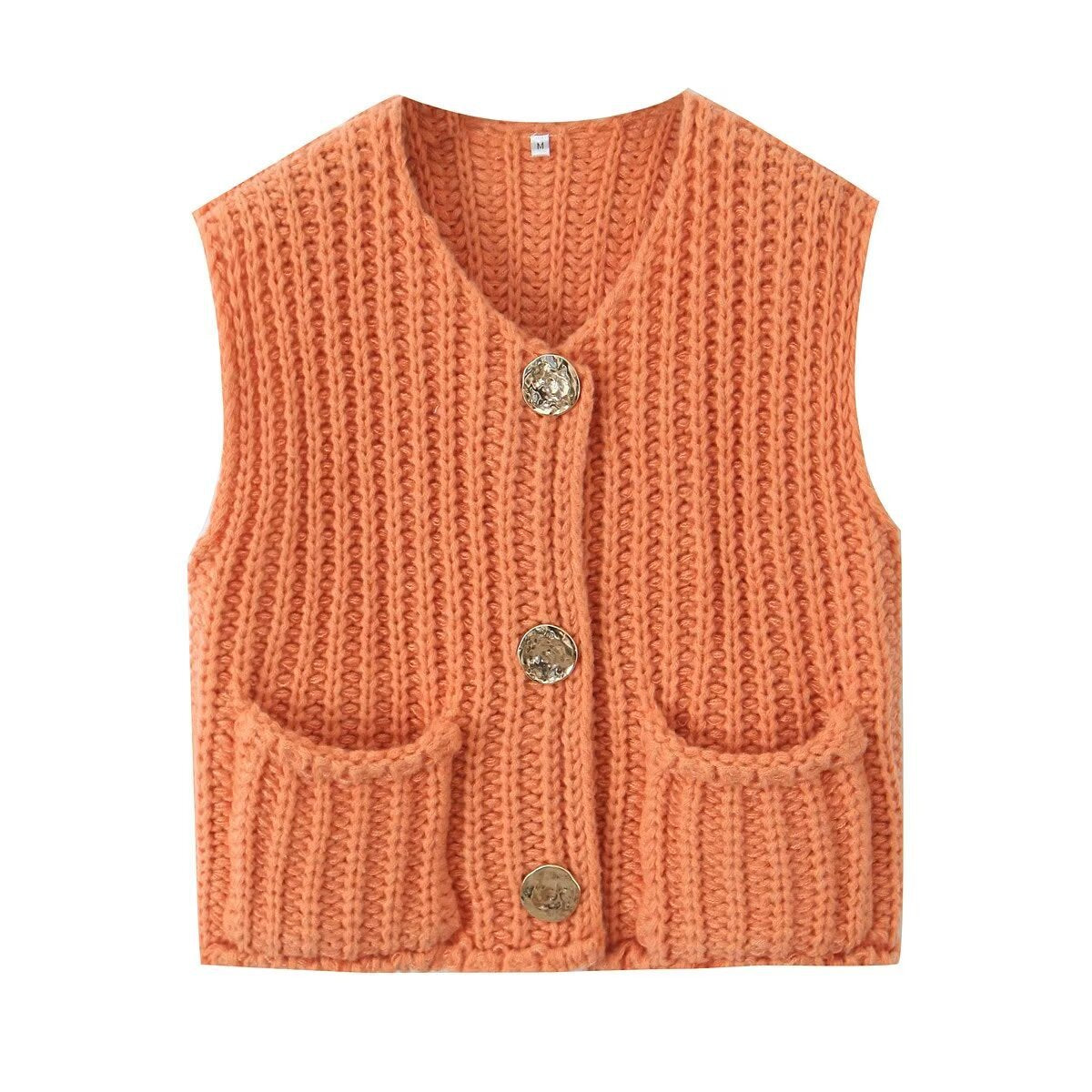 11Color Amazon2024Spring and Autumn New Women's Fashion European and American Style Pocket Sleeveless Short Knitted Cardigan Vest