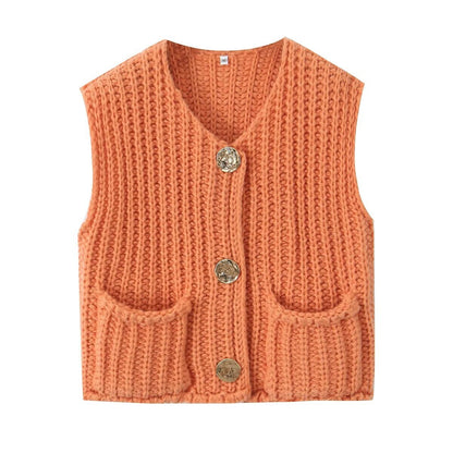 11Color Amazon2024Spring and Autumn New Women's Fashion European and American Style Pocket Sleeveless Short Knitted Cardigan Vest