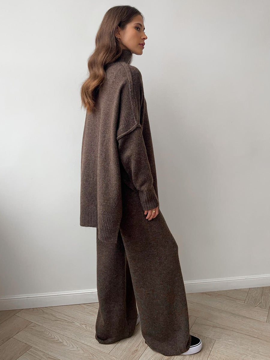 Cross-Border Turtleneck Sweater Set for Women, European and American Style, Autumn and Winter New Loose Casual Thick Knitted Long Pants Set