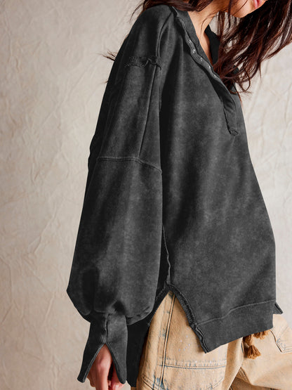 Sultyra Decorative Line Design Sense Top with Slit Lantern Sleeves polo