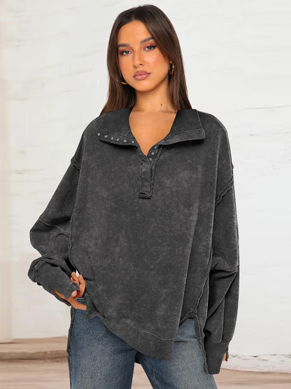 Sultyra Decorative Line Design Sense Top with Slit Lantern Sleeves polo