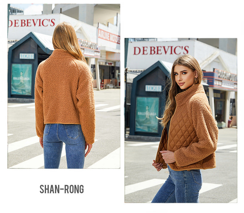 Shiny Velvet2023New Autumn Winter Women's Clothing Cross-border Amazon Cardigan Zipper Long-sleeved stuffed Stitching European and American Coat Women