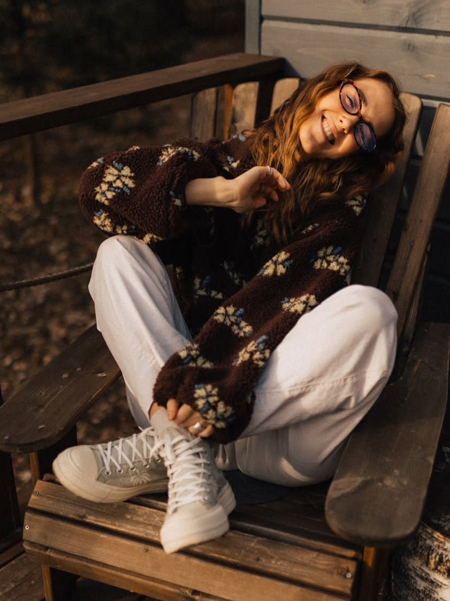 Cross-border fleece floral sweatshirt Europe and America2025Autumn and Winter New Fashion Sweatshirt Warm Fuzzy Sweatshirt Fleece Top for Women