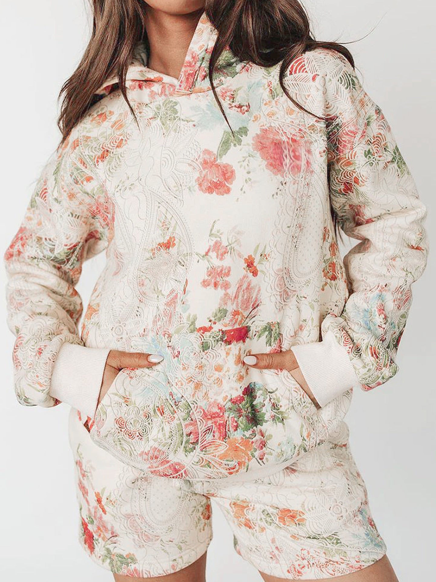 Sultyra Floral Casual Hooded Sweatshirt High Waist Comfortable Shorts Set