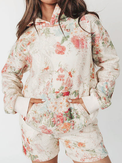 Sultyra Floral Casual Hooded Sweatshirt High Waist Comfortable Shorts Set
