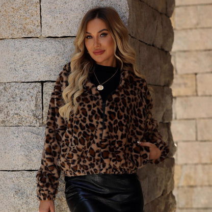 Shiny Velvet2025Cross-border Women's Clothing Amazon European and American Autumn Winter New Loose Zipper Long Sleeve Leopard Print Furry Coat