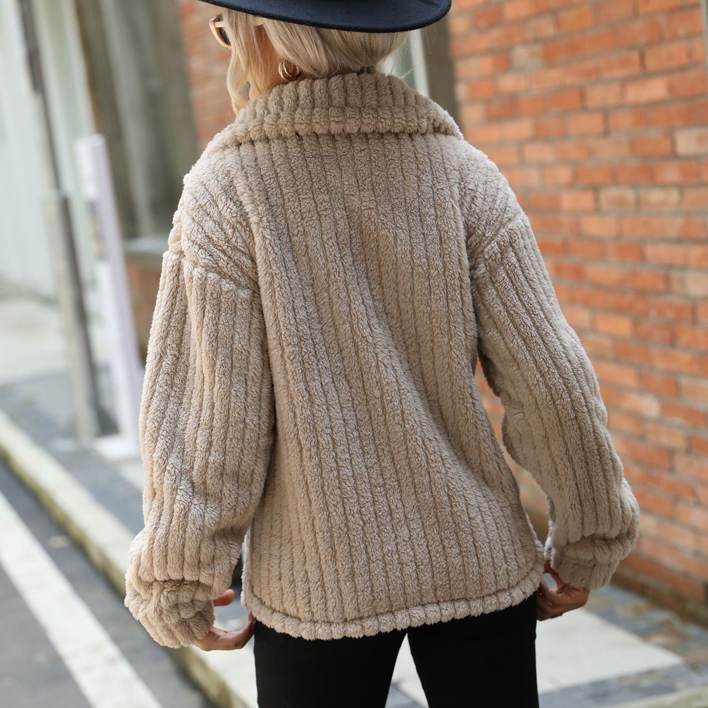 Shiny Velvet Cross-Border European and American Women's Double-Sided Velvet Long-Sleeve Turn-Down Collar Button-Up Solid Color Mid-Length Plush Coat