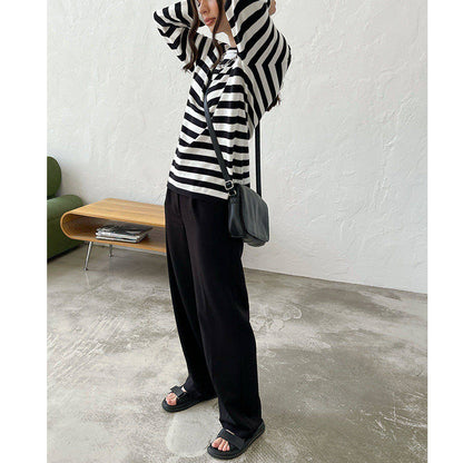 Cross-border Round Neck Knitted Striped Sweater European and American Style2025Spring Versatile Classic Retro Striped Pullover Sweater for Women