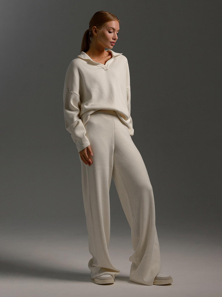 Sultyra Sweater Suit Polo Knitted Pullover Sweater+Wide-leg Pants Two-piece Set