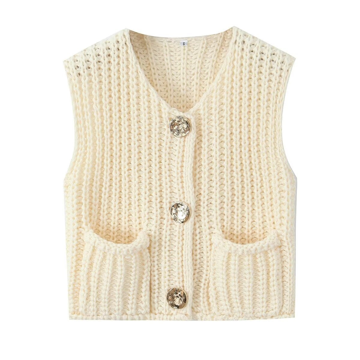 11Color Amazon2024Spring and Autumn New Women's Fashion European and American Style Pocket Sleeveless Short Knitted Cardigan Vest