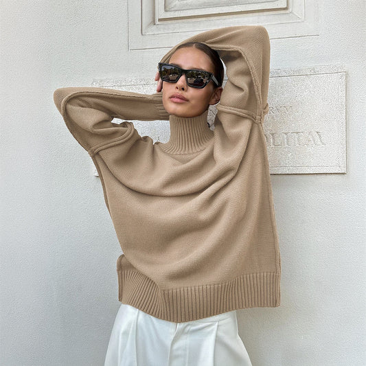 Cross-Border Spliced Turtleneck Sweater for Women, European and American Style, Autumn and Winter New Casual Loose Thick Knitted Pullover