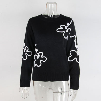 Cross-Border European and American Autumn Winter New Women's Sweater Fashion Flower Three-Dimensional Embroidery Round Neck Pullover Long Sleeve Knitted Sweater for Women