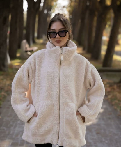 Cross-Border2024European and American Style Autumn Winter New Women's Solid Color Lazy Style Lamb Wool High Neck Woolen Coat A65002
