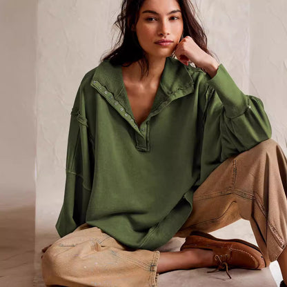 2024Amazon Hot-Selling Design Women's High-Quality Lantern Sleeve Decorative Line Split Collar Loose Sweatshirt