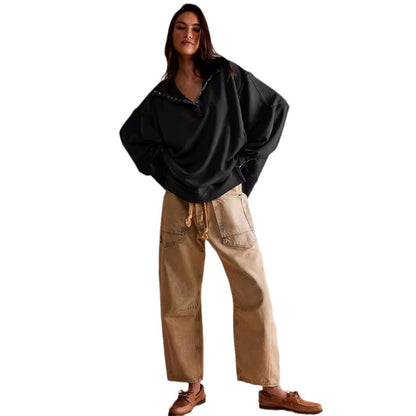 2024Amazon Hot-Selling Design Women's High-Quality Lantern Sleeve Decorative Line Split Collar Loose Sweatshirt